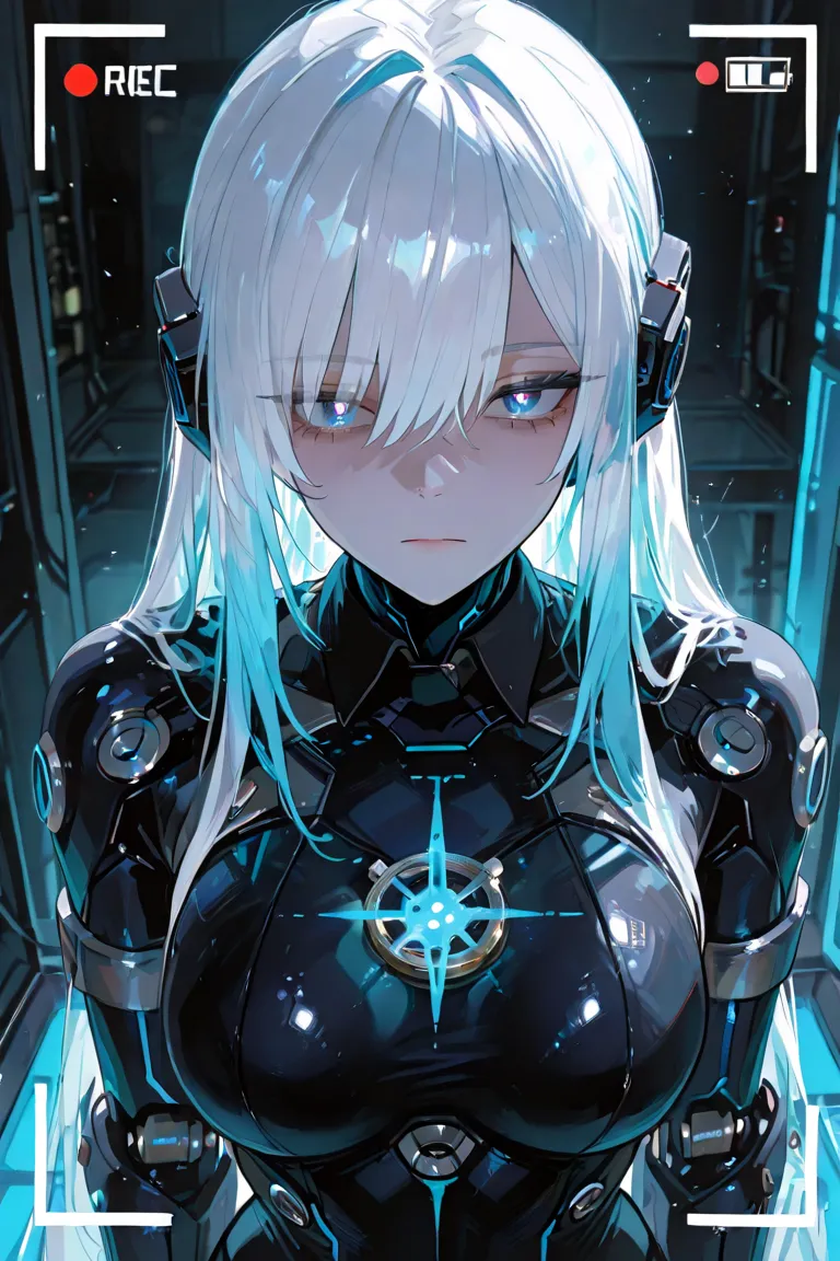 High-collared black bodysuit lined with neural conduits that pulse faintly when processing data, A single holographic earpiece connected to an unknown network, Steel-plated gloves with retractable interfaces, A small locket that she does not understand why...