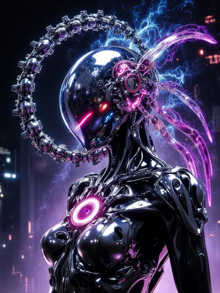 "An android with a transparent head, revealing a cosmic-like circuitry inside that glows like a miniature galaxy. Its sleek body is coated in chrome metal, reflecting multicolored neon lights. Its robotic hands are composed of hundreds of tiny segments tha...