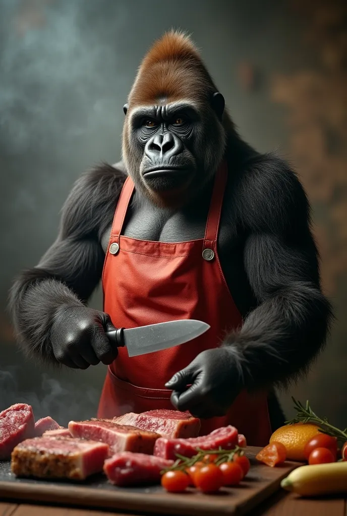 A gorilla dressed in a barbecue apron I want him to hold the knife in one hand and meat in the other, he needs to be in the center and looks angrily at the center as if he were looking at the camera in high resolution and quality