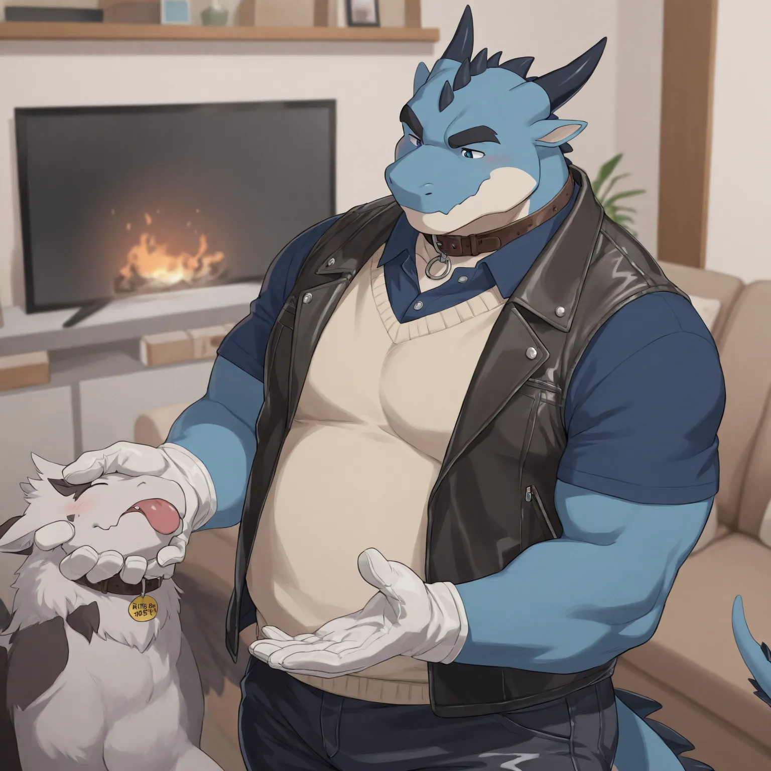 High Quality, Male, Dragon, Anthro(Dragon),Chubby,(Black eyebrows:1.1),(Perfect eyes),Smooth Skin，（artist:Takemoto Arashi），Living Room background，claw，（Sweater-vest:1.3）。Wearing a Leather collar around his neck. Wearing fancy white gloves on his hands, fan...