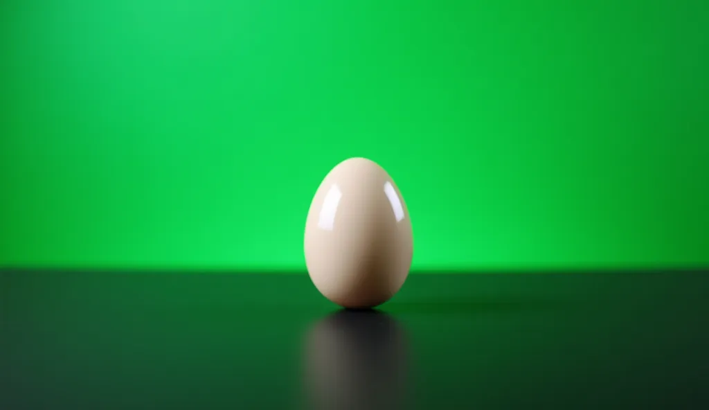 Pro photo studio, egg on a black table, green background, facing camera. Hyper-realistic, dtailed