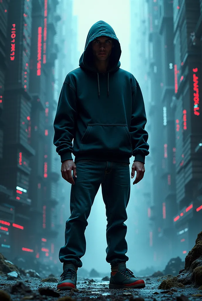 Can you give me a image of guy with hoodie standing background full of coding with full body with shoes