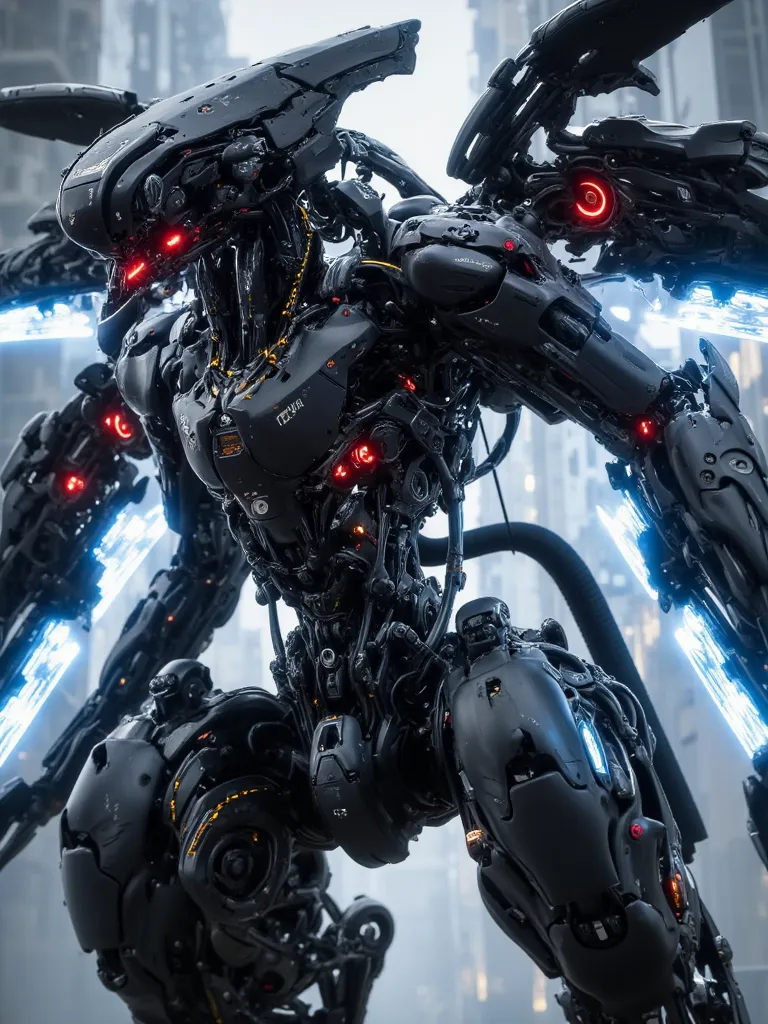 "A humanoid drone with an ultra-detailed design, featuring micro gears spinning and hydraulic pistons flexing in every joint. Its primary color is matte black, contrasted with blazing red accents illuminating its structure. Its mechanical wings radiate a s...