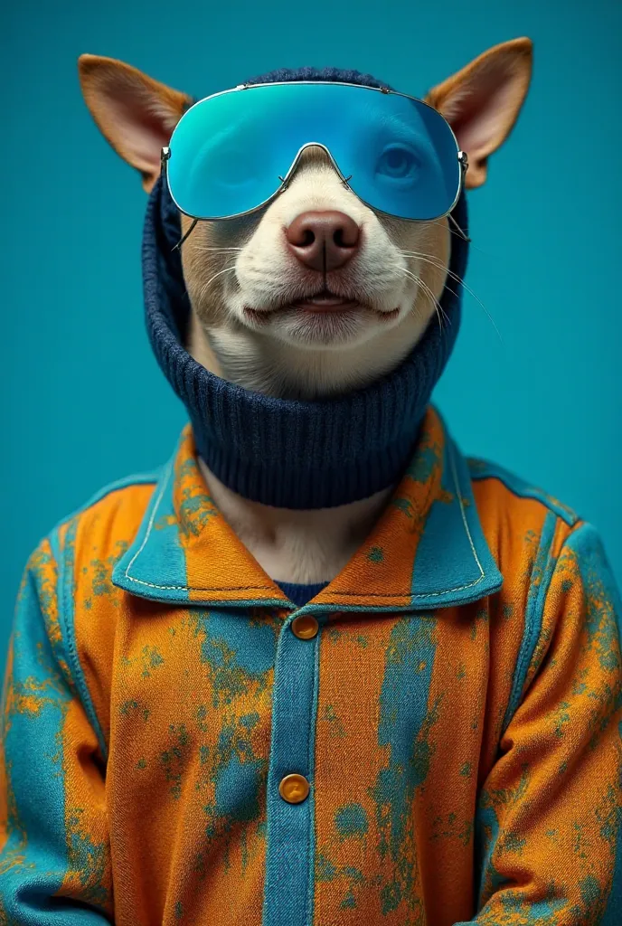 The best cell phone wallpaper, Award-Winning Wallpaper, portrait photography, In the front view is a portrait of a cute dog wearing mid-1960s space age fashion, Side view photo, Shot with Canon EOS R5, Set a strong contrast that accentuates the subject, Fl...