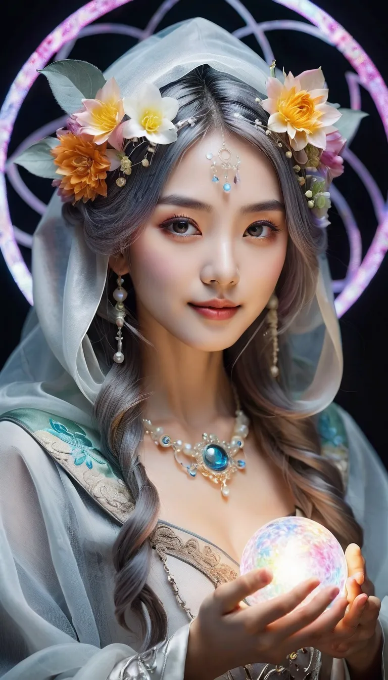 Mysterious and enchanting fortune teller、 age Japanese woman with paint on her belly 。 small smile 。 HER HAIR COLOR IS SILVER 。絶妙なデザインのオーガンザのフード付きマントを着ています。she's wearing a gorgeous flower hair ornament。The costume also has gorgeous decorations。I'm wearing ...