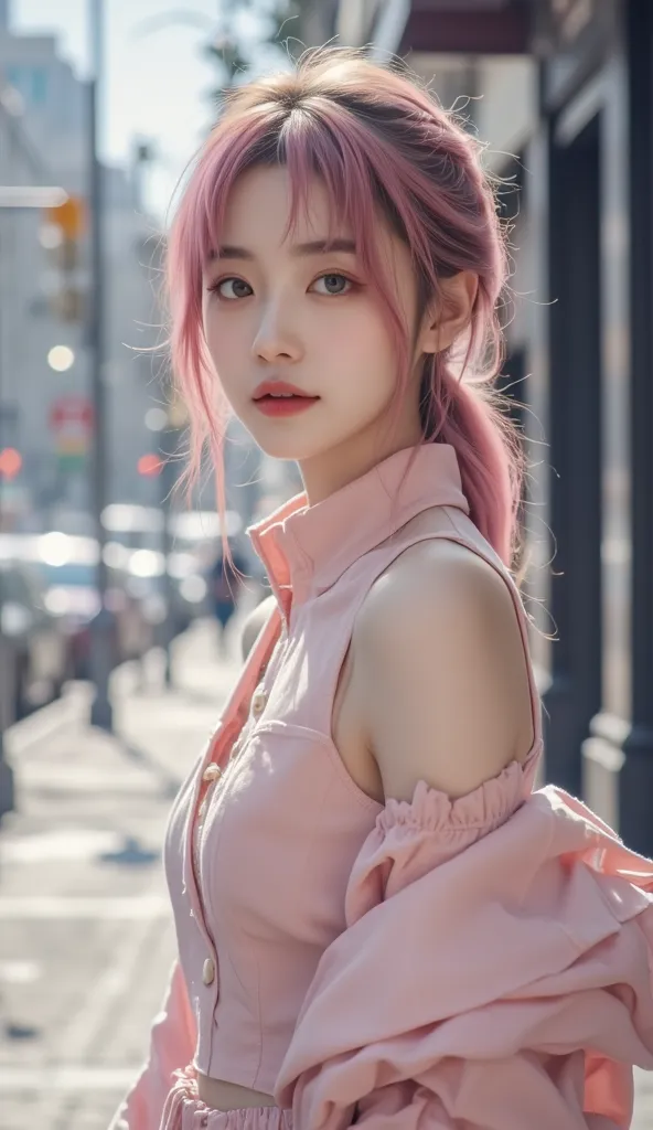 "Jisoo, soft pink double bun hairstyle, wearing a simple stylish outfit, image is mid-range, in street.