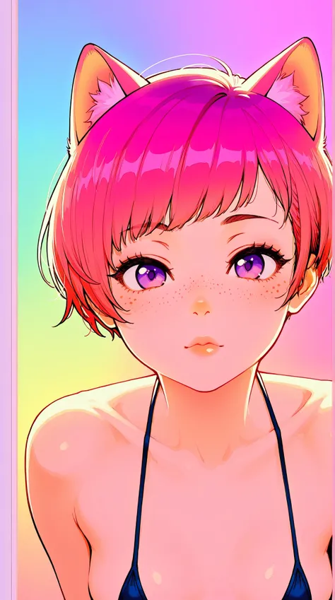 {high definition image}, korean cat girl, cat ears, short hair (pixie cut), pointed nose, thin lips, busty, freckles on the face, wearing a mini bikini, looking at the viewer with a neutral expression, {centered image}, {close up on face}, {just face and c...