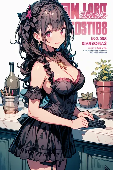 (small breasts:1.3), (perky chest:1.3), (pointed chest:1.2), (lolita fashion magazine cover:1.3),(from side:0.9),masterpiece, 1girl, Amazing Cleavage:1.2, thin waist, big ass, Raised sexy, small breast: 1.3, posed cleavage:1.2、(from below:1.2, best quality...