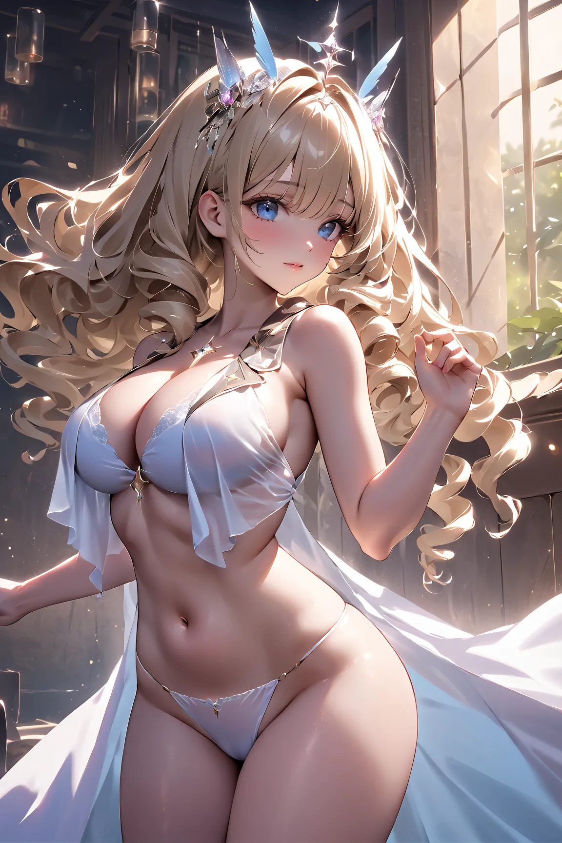 crwnnk , blue eyes, blonde hair, long hair, drill hair, diadem, large breasts, white robe, collarbone, cleavage, navel, thighs, floating hands, chest light,

see-through

one girl,  Compatible with first-person perspective , (masterpiece:1.3),   High Resol...