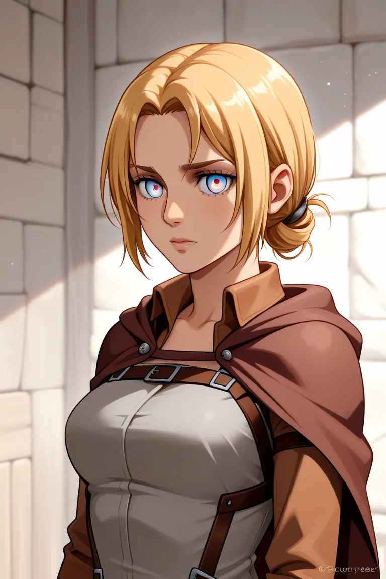 create an oc along with a picture named sylvie auclair against the background of the anime attack on titan, with slightly browned blonde hair and her hairstyle like Carla Yeager and ash colored eyes, wear medieval clothes