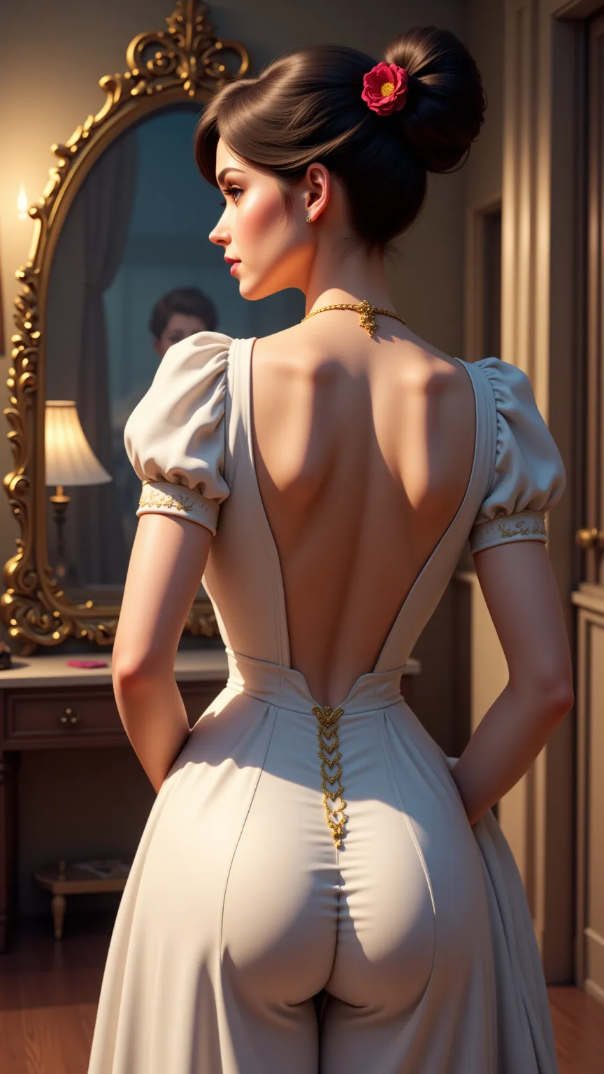 The world of Snow White, A beautiful young woman blessed with perfect and enchanting beauty, back view ,Like in the movies, intricate details, real,big magic mirror,I'm looking in the mirror, light background