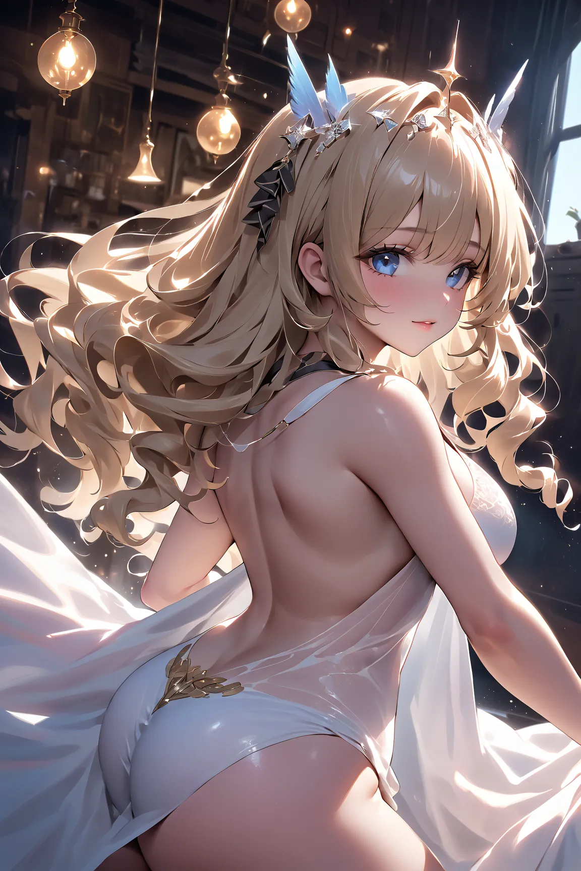 crwnnk , blue eyes, blonde hair, long hair, drill hair, diadem, large breasts, white robe, collarbone, cleavage, navel, thighs, floating hands, chest light,

see-through

one girl,  Compatible with first-person perspective , (masterpiece:1.3),   High Resol...