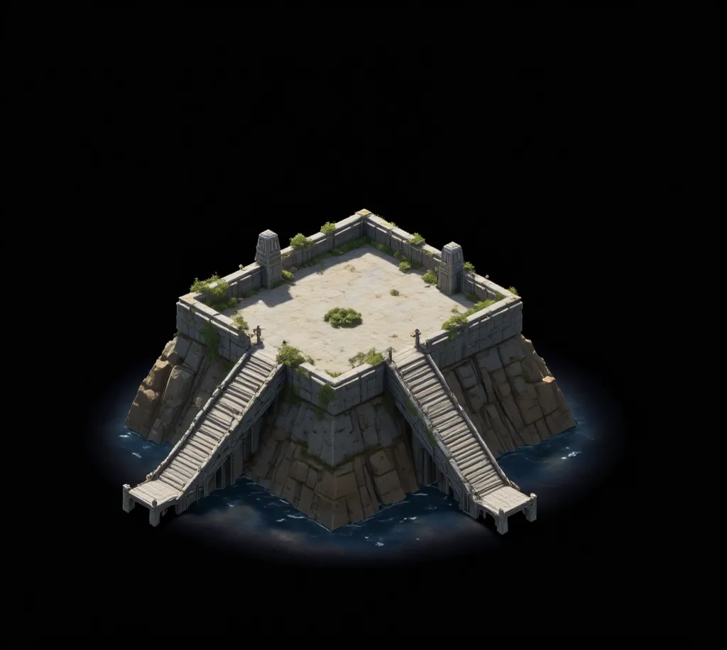 a close up of a pyramid shaped pile of rocks with stairs on the sides, small dock, isometric game asset, isometric point of view, 8k isometric, iron smelting pits, isometric voxel art, in-game image, mining outpost, battle map prop, isometric game, large s...