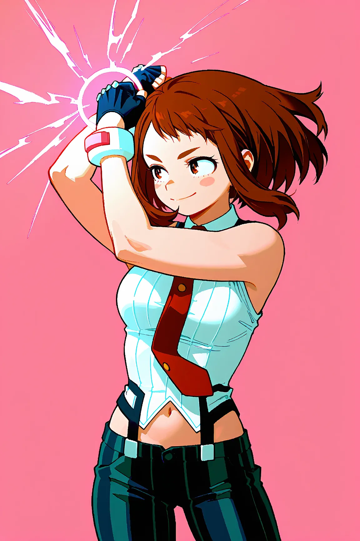 1 girl, Ochako Uraraka, My Hero Academia, short brown hair, hero uniform, ((provocative pose)), ((sexy gaze)), arms raised behind head, seductive smile, zero gravity, pink and black suit, dynamic energy, strong expression.,Ochako Uraraka, Boku no hero acad...