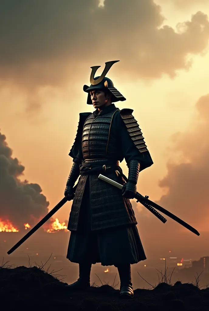 A dramatic scene of a determined Japanese samurai warrior, standing strong on a battlefield, with a backdrop of burning cities and smoke rising from the horizon. The warrior is in traditional armor, holding a katana with a fierce, resolute expression. The ...