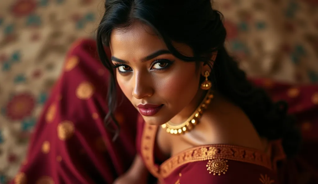 A very close picture of Indian woman, winding, hourglass figure, extremely swoop, no bra, pierced, visibl, bend down and hanging breasts, Shows deep cleavage, Kneeling in ceremonies, French braid hair, necklace, maroon saree visible , Sultry, Alluring eyes...