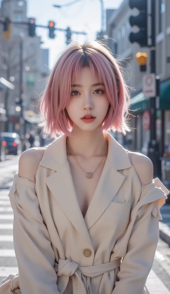 "Jisoo, soft pink korean hairstyle, face foward to camera, wearing a simple stylish outfit, image is mid-range, in street.