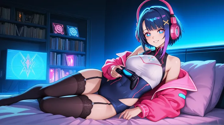 "An anime girl with long dark blue hair with purple highlights, bright and expressive eyes, wearing large headphones and a cross-shaped hair accessory. She is lying on a cozy bed with neon pink and blue lighting. She wears an oversized pink jacket with dar...