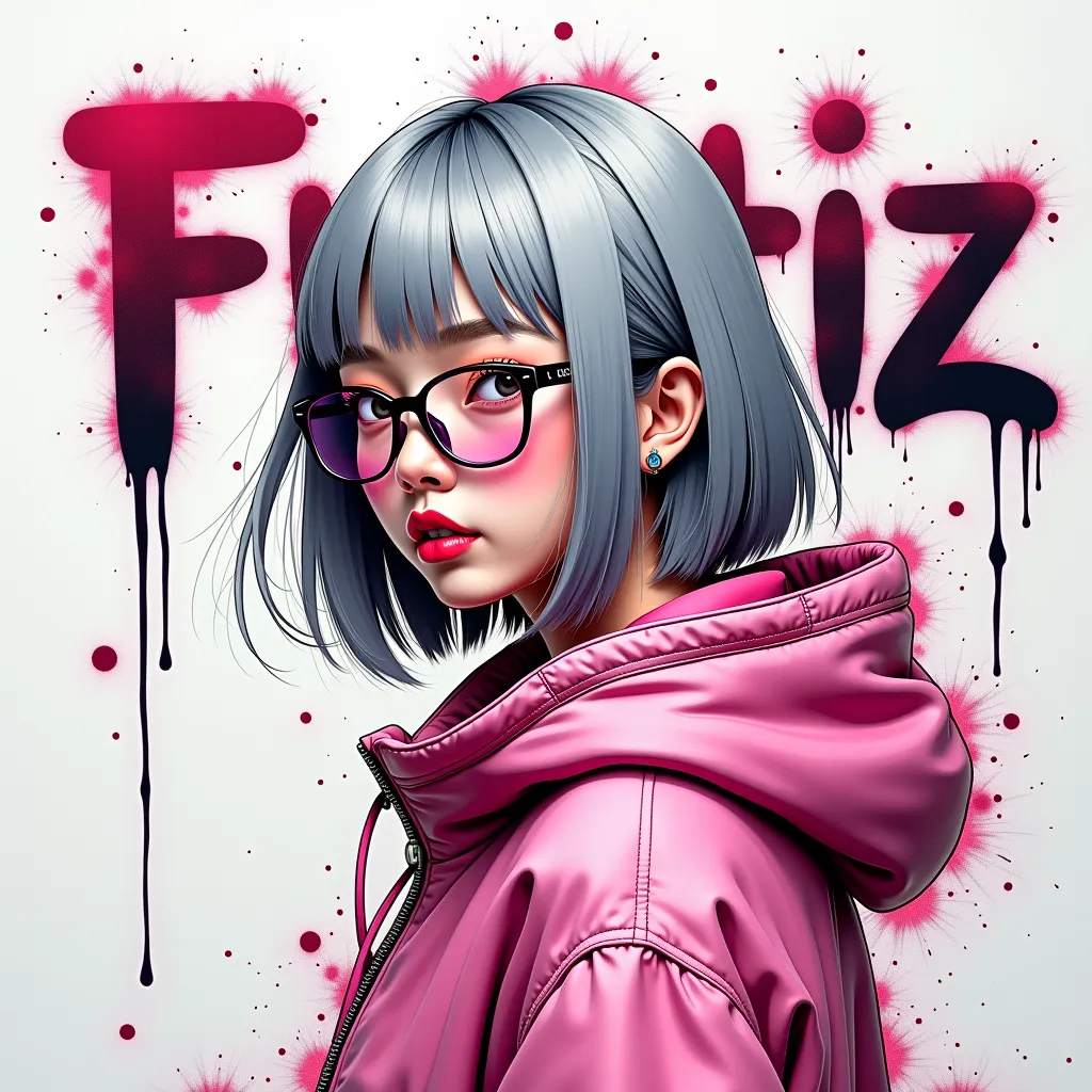 liquid ink painting，Ink Splashing,  Anna Dietman Style,beautiful korean girl，eyeglases, gray straight , pink attire hair, facing audience , ink art, Side View,in style of Hip Hop fashion design  name Fritz written on the wall in stylish font