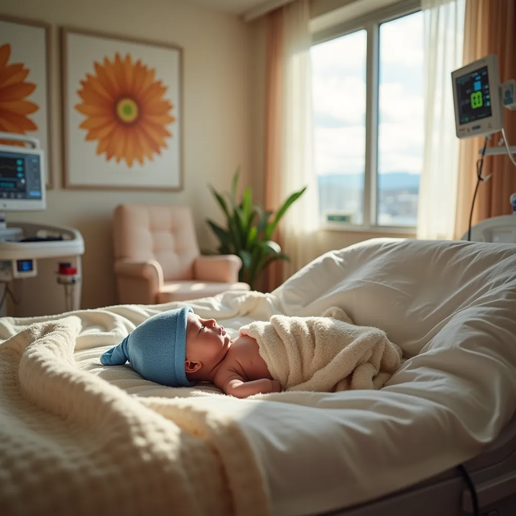 Close up view, a premature baby boy wrapped in a blanket wearing a blue newborn hat laying inside a newborn warmer inside hospital suite with a big hospital bed with with beige blankets and fluffy pillows, fetal monitor, IV pole, oxygen and suction equipme...