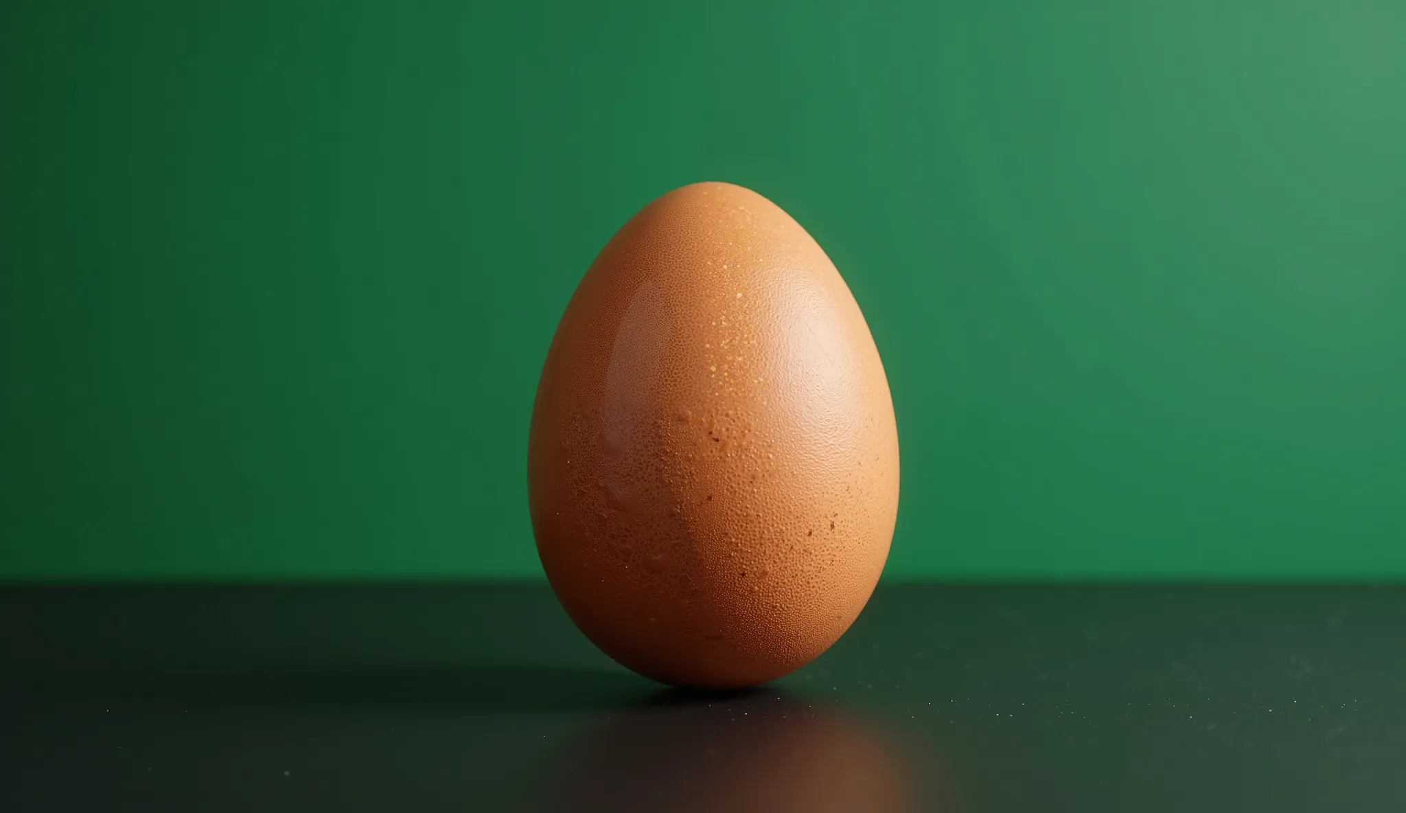 Close up, Pro photo studio, brown egg, on a black table, green background, facing camera. Hyper-realistic, detailed