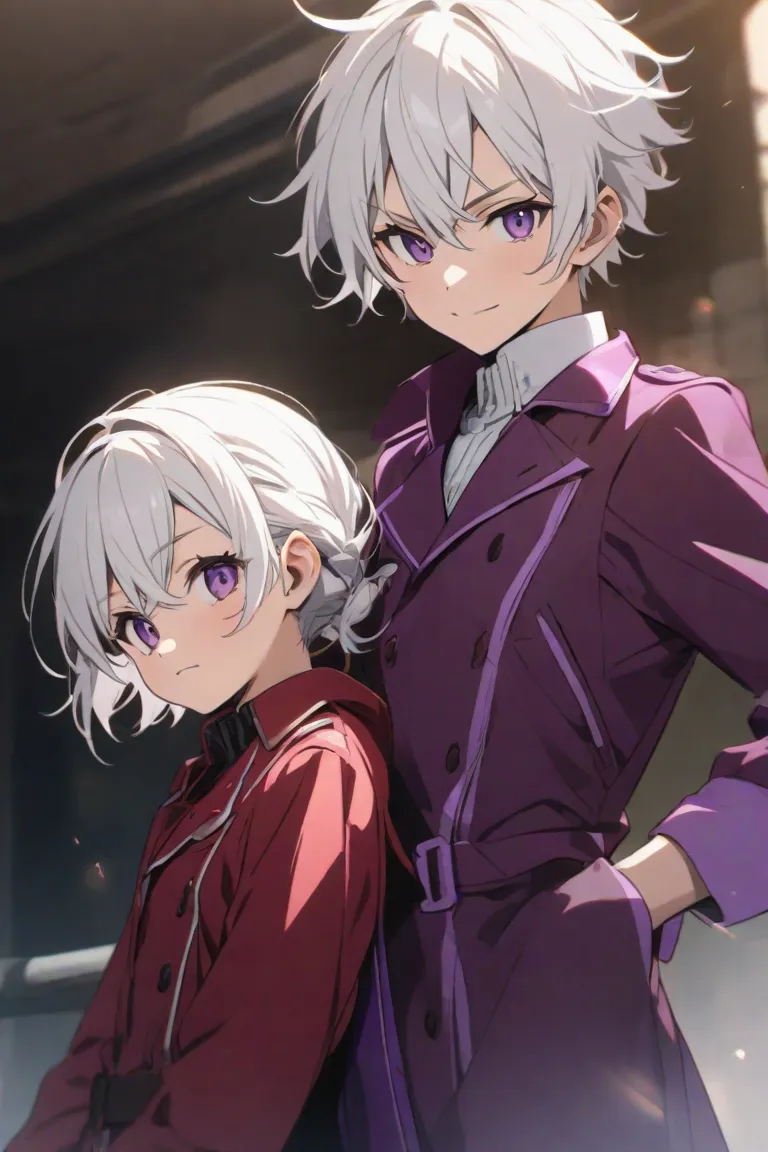 Young ager with white hair and wearing red and purple trench coat