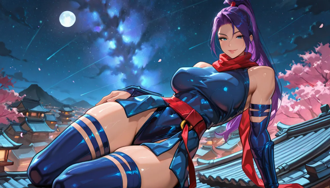  masterpiece,  best quality, newest,   looking at the viewer, tiro de cowboy, long hair, ,  shiny eyes, ,   big breasts, lips, relaxing, Japanese city background, , starry blue sky, night, Cherry trees, moonlight, 
, psylocke, psylocke, purple hair, ponyta...