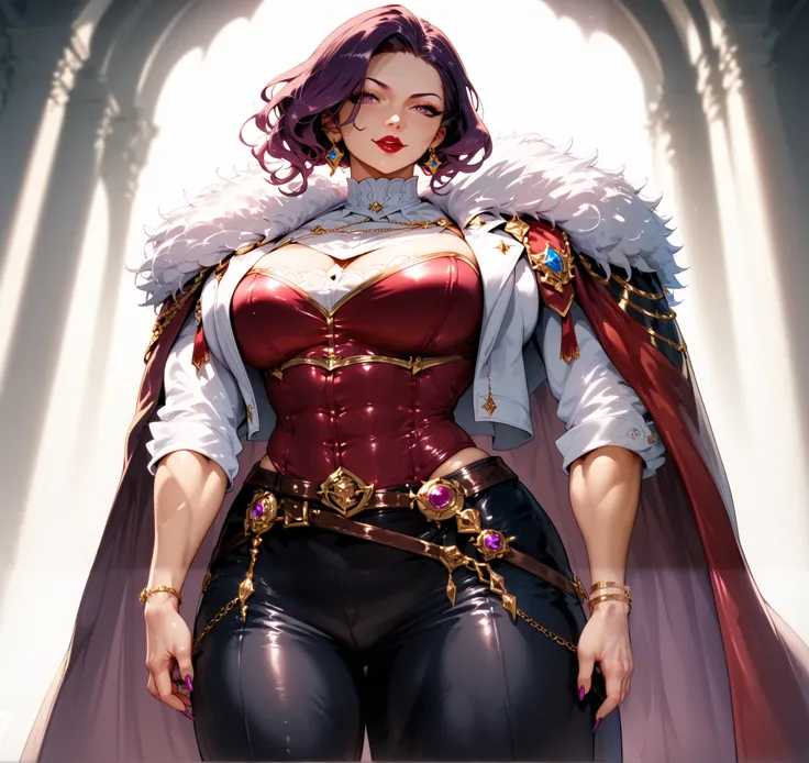 une femme mature ,cheveux longue violet , vêtement  veste blanc ouvert , haut rouge , pantalons noire  , breasts , cape royale 