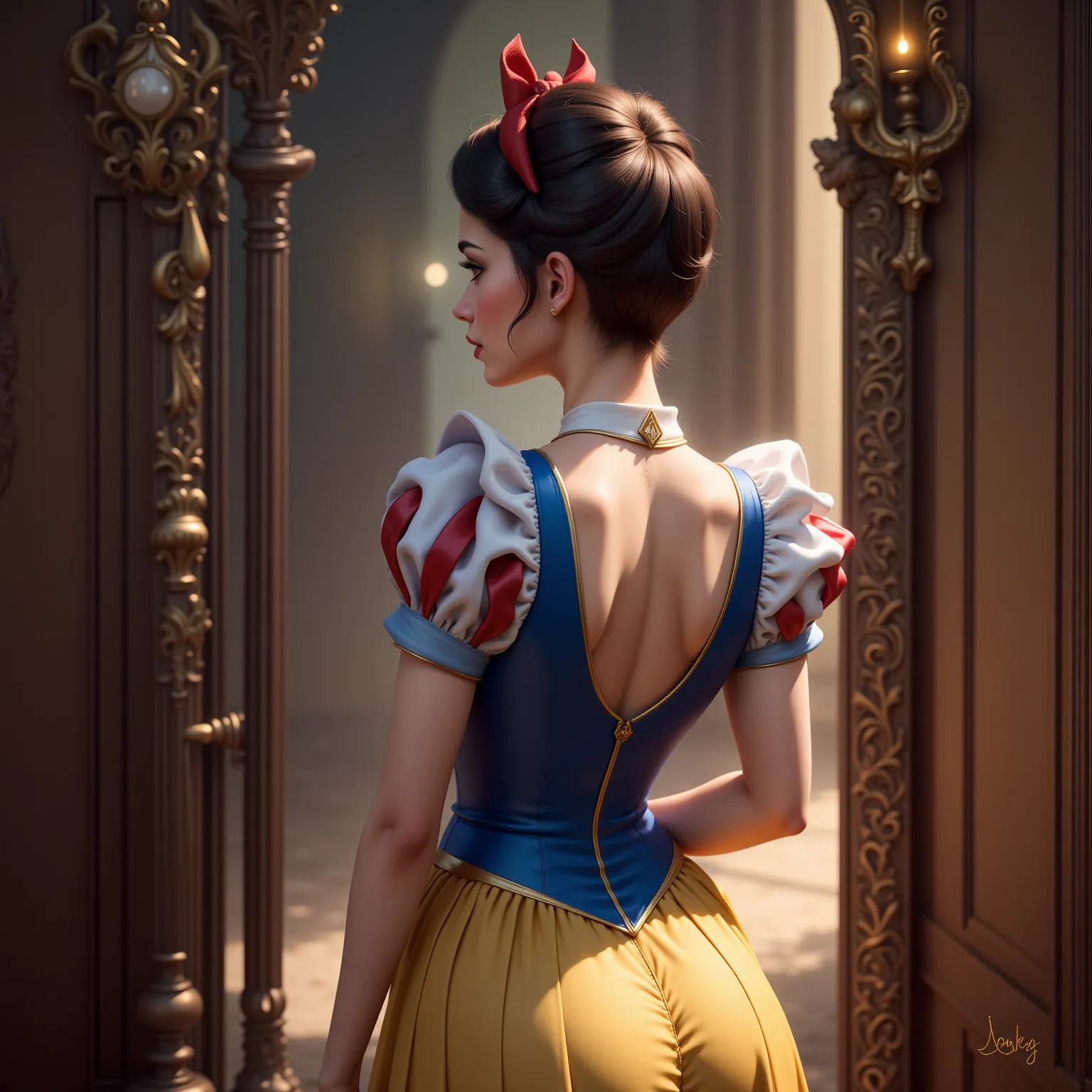 The world of Snow White, A beautiful young woman blessed with perfect and enchanting beauty, back view ,Like in the movies, intricate details, real,big magic mirror,I'm looking in the mirror, light background