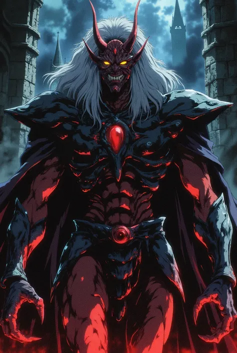 a red demon, with a pointed nose, four dark red horns, two small and two large curved backwards, long white hair, bright yellow eyes, black lips, pointed ears, red skin, wearing a symbiotic black metal armor that covers the entire body including clawed han...