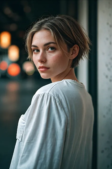 Portrait of a beautiful woman with short hair,  taken with Leica , , beautiful lighting, subtle pastel shades , outside
