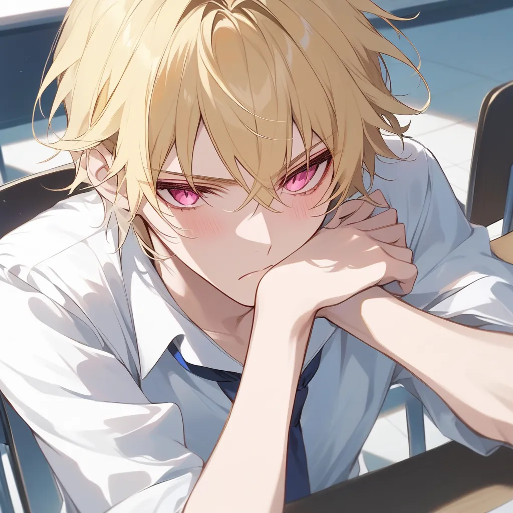 Sulky expression、High Resolution, solo, turns her gaze,yellow hair、pink eyes、The bangs are raised、short hair、18-year-old male、handsome、tsundere、handsome、Fine hair、 blushes, Background: Inside the house、家solo、stupid hair, close your mouth,  zitoida、droopy e...