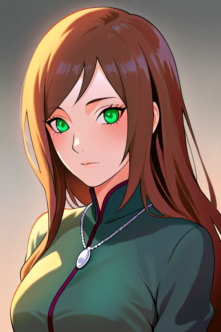 Digital artwork in Naruto anime style, a woman with long brown hair, fair skin, and vivid green eyes. She wears a dark and light green outfit and a silver necklace. Autumnal colors, burgundy, deep blue, and warm tones. Black silhouette against a gray backg...