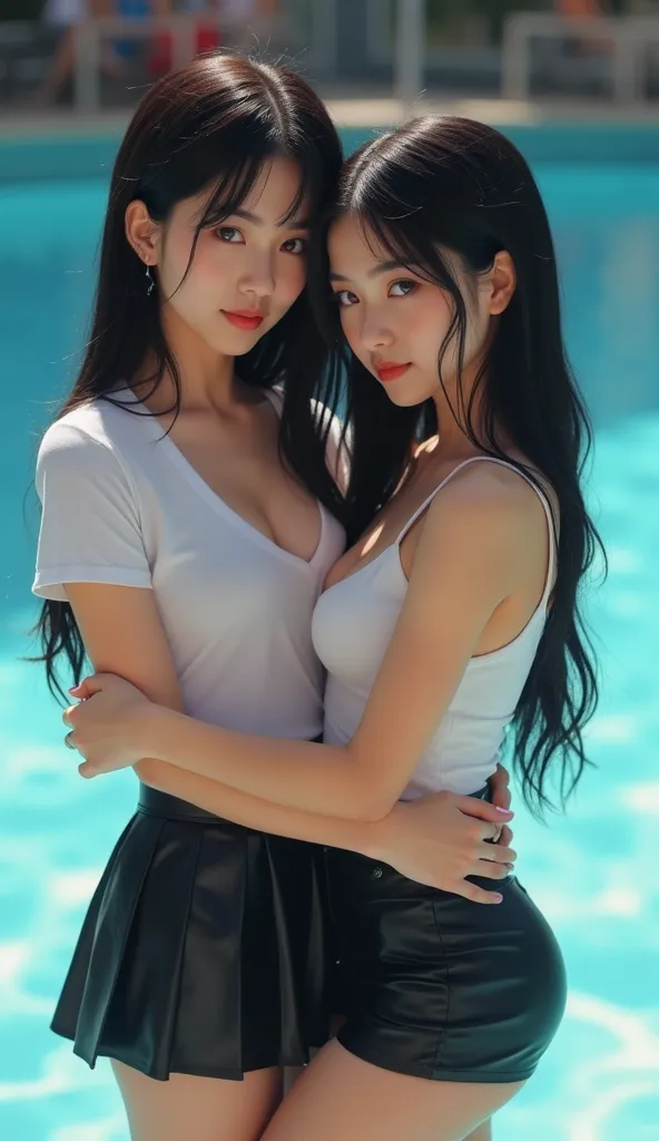 masterpiece、fields are very detailed、Highest quality、 Photo、realistic、 2 women、A white t-shirt, sleeveless , t-shirt with no bra and a black miniskirt、  face detail 、very long hair、 black long  hair、beautiful eyes、 with a large bulging chest ,
 In the Pool...