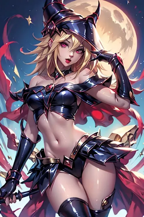 Beautiful dark mage (masterpiece: 1.2, the best quality), (1 Change, only),  large breasts, (Dynamic posture), (shiny skin, crimson red skin), crimson red skin,  Dark Magician Girl Demon Version Sezy, Red skin,  Thin and lace gloves , ( small demonic horns...