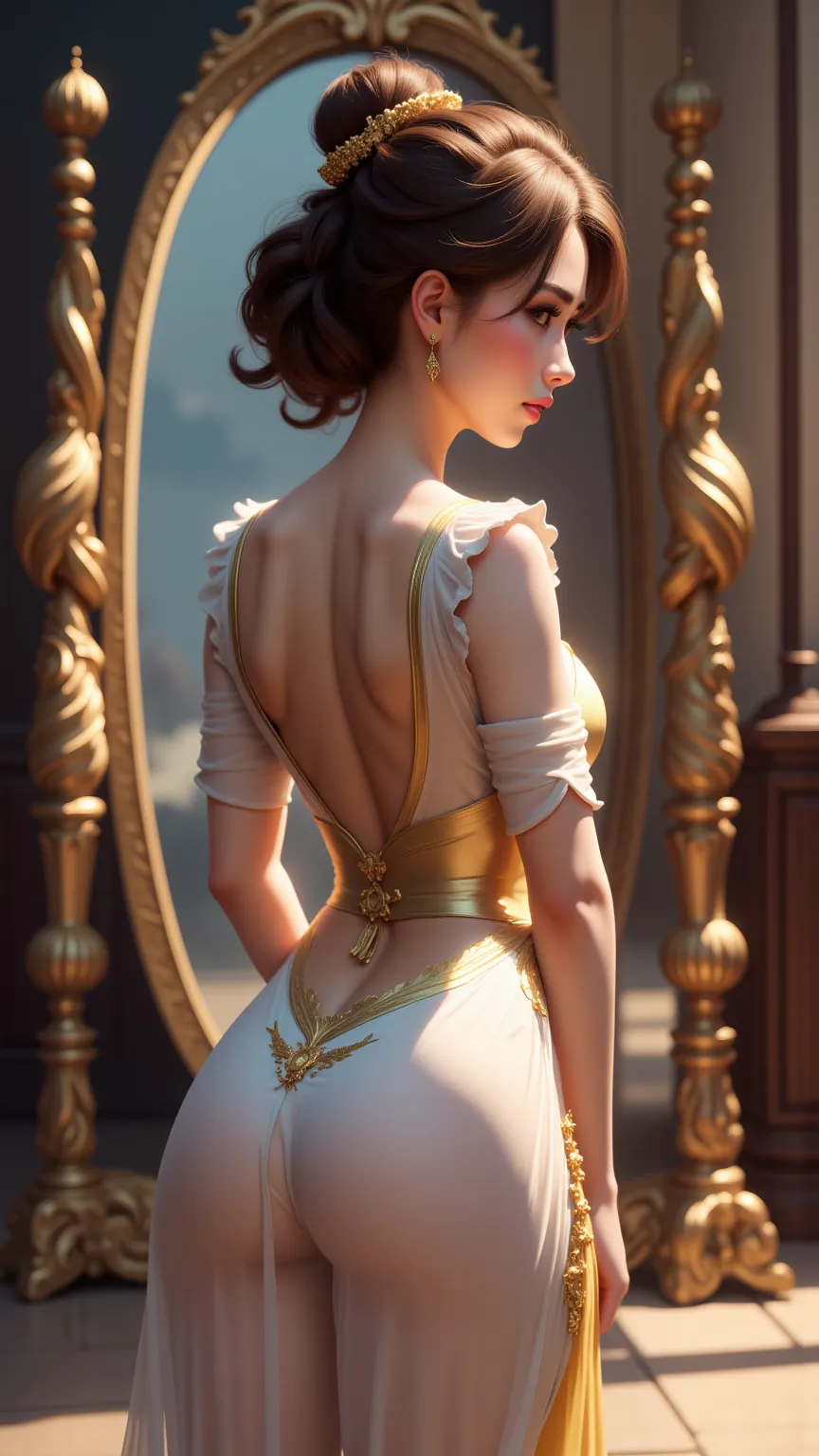 Snow White's World, A beautiful young woman blessed with perfect and enchanting beauty, back view ,Like in the movies, intricate details, real,big magic mirror,I'm looking in the mirror, light background