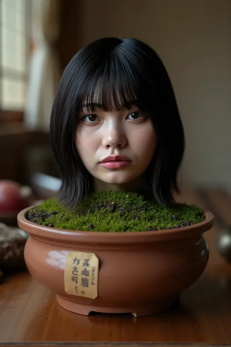 High resolution photo of the head and neck of a young Japanese woman buried in the center of the slightly mossy soil in a bonsai pot placed on a table in a traditional Japanese home. In the bonsai pot is a tag with word "bukkake use only". The size of the ...