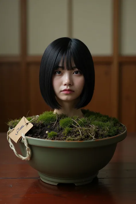 High resolution photo of the head and neck of a young Japanese woman buried in the center of the slightly mossy soil in a bonsai pot placed on a table in a traditional Japanese home. In the bonsai pot is a tag with word "bukkake use only". The size of the ...