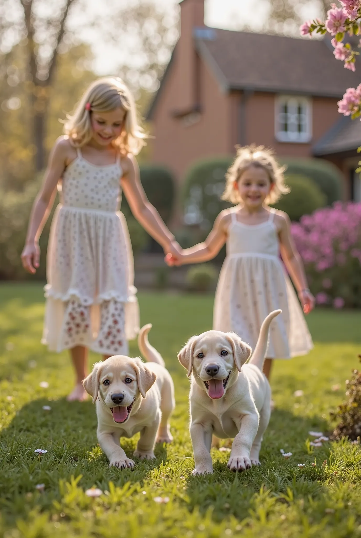 two happy labrador puppies playing in a british home garden with 2 sisters dressed in white lovely bohemian dresses. In the background there is a fairytale like cottage. It's spring time and the weather is perfect. Blooming trees. Shot in a warm morning li...