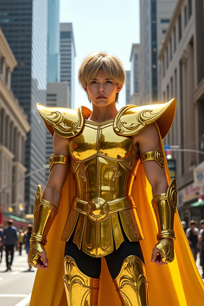 

"A powerful warrior wearing the Libra Gold Cloth from Saint Seiya, standing in the middle of a bustling American city. The armor is golden, intricately designed with detailed engravings, and radiates a divine aura. The warrior has short hair and a determ...