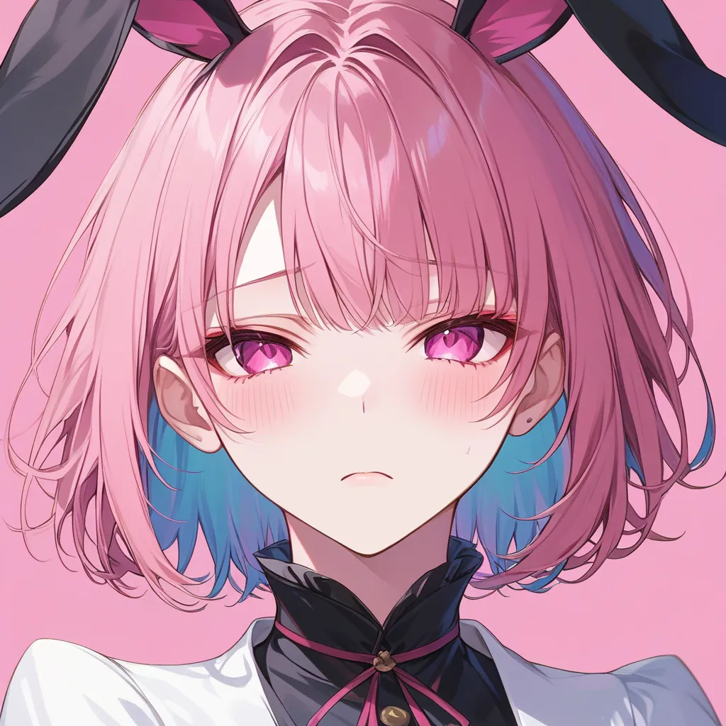 Sulky expression、High Resolution, solo, turns her gaze,pink hair、pink eyes、The bangs are raised、short hair、20-year-old male、handsome、tsundere、handsome、Fine hair、 blushes, Background: Inside the house、家solo、stupid hair, close your mouth,  zitoida、droopy eye...