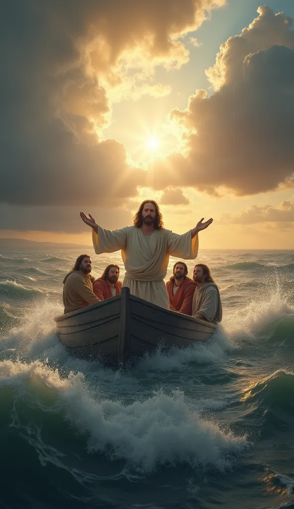  Realistic image of Jesus in the boat with his power clearing the climate and giving sun and the disciples next to Jesus inside the boat