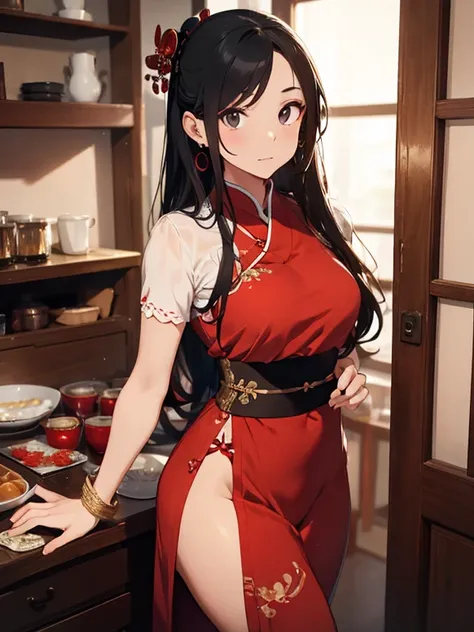 beautiful young man, long black hair, black eyes, male geisha, male courtesan, red clothes, slender-waisted, delicate figure, hairpins, light makeup, man dressed as woman, earrings, chinese style room, jade bracelet, sword dance.