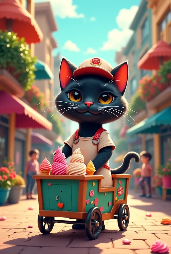 Black cat selling ice cream