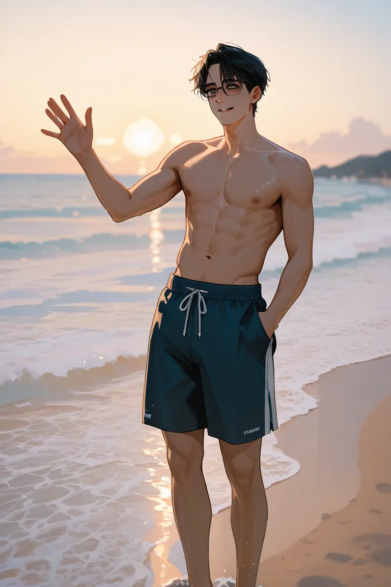 Make a man shirtless,With black glasses in the eyes, just in swimming trunks , swimming trunks standing on the beach waving at someone