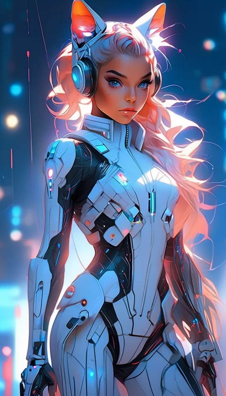  Full body cybernetic girl with a ponytail . Ariana Grande&#39;s face. Bright white color to show that she is a cyber girl with a laser rifle. White Eyebrows. Clothes like a cat suit. He also has bright blue eyes. The atmosphere is like that of Terminator....