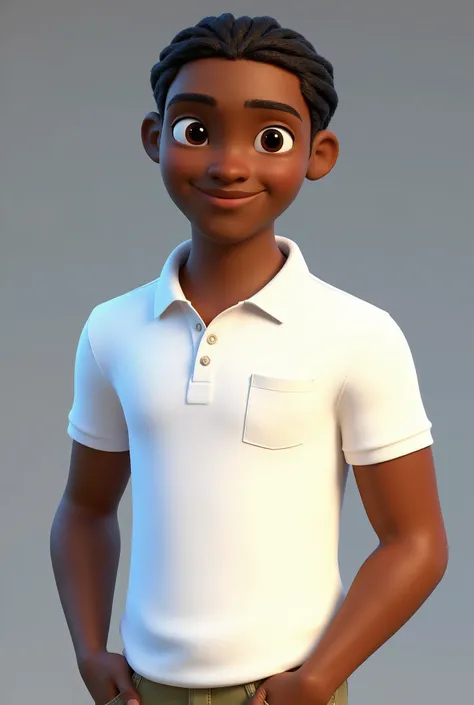 A man of approximately 18 years old, with brown skin and braided hair, brown eyes, dressed in a white polo collar with a pocket without details on the chest, with his hands in his pockets, Pixar style, 8k image