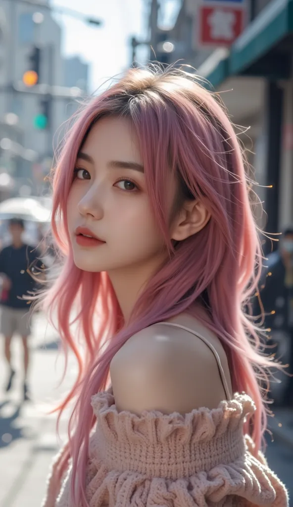 "Jisoo, soft pink bangs hairstyle, wearing simple stylish outfit, image is mid-range shoot, in street.