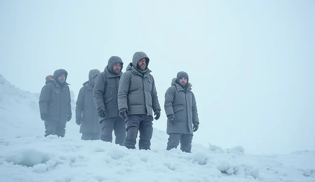 oymyakon, In the coldest place on earth, a few people are shivering in their winter clothes. There is a lot of snow around them and ice stuck to their beards and hair.