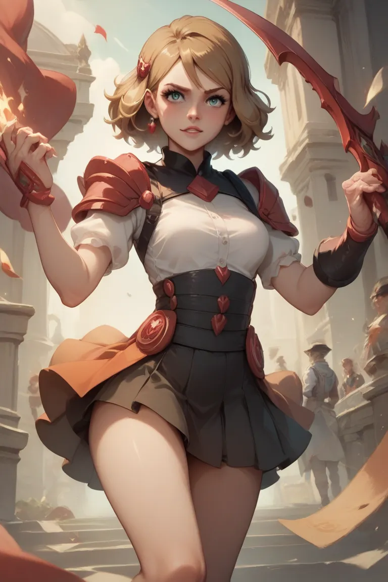 Serena stands confidently, her skirt hiked up to reveal a tantalizing glimpse of thigh, her eyes locked on the camera with a sultry gaze. The guards in the background are barely visible, their forms blurred by their lustful stares.